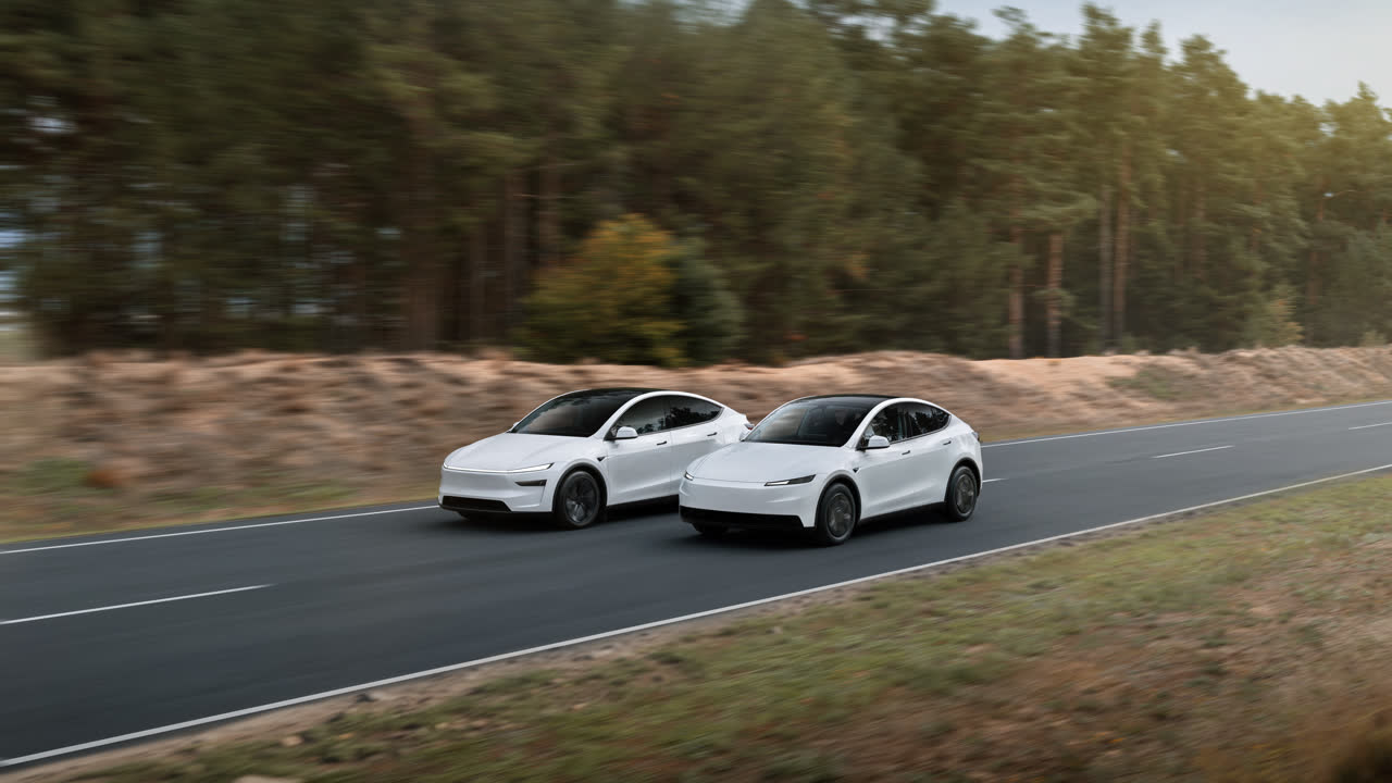 Tesla Model Y Premium (hvid, venstre) og Model Y basis (hvid, højre) side om side på gaden — registreringsafgift på elbiler i 2026