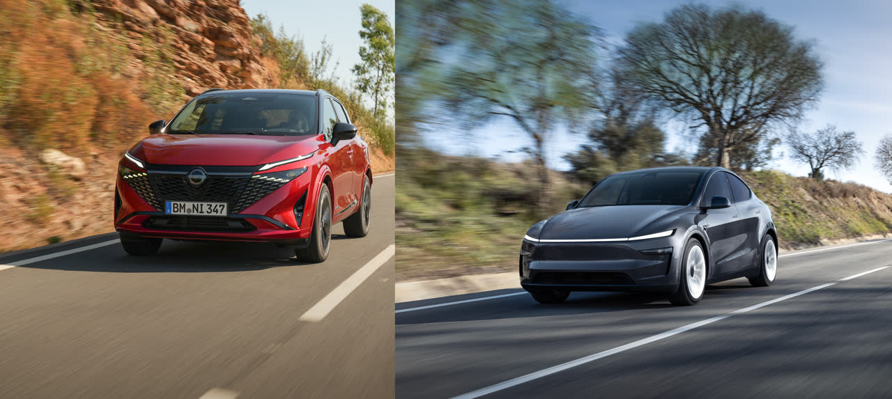 Nissan Qashqai (rød, venstre) og Tesla Model Y Premium (grå, højre) — sammenligning af registreringsafgift på ny vs. brugt bil