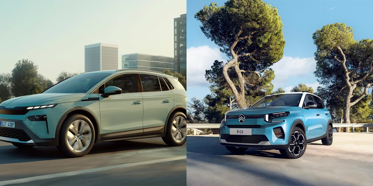 Skoda Elroq i mintgrøn (venstre) og Citroën ë-C3 i blå med hvidt tag (højre), månedens vinder og månedens største nykommer blandt de mest solgte biler i Danmark i juli 2026