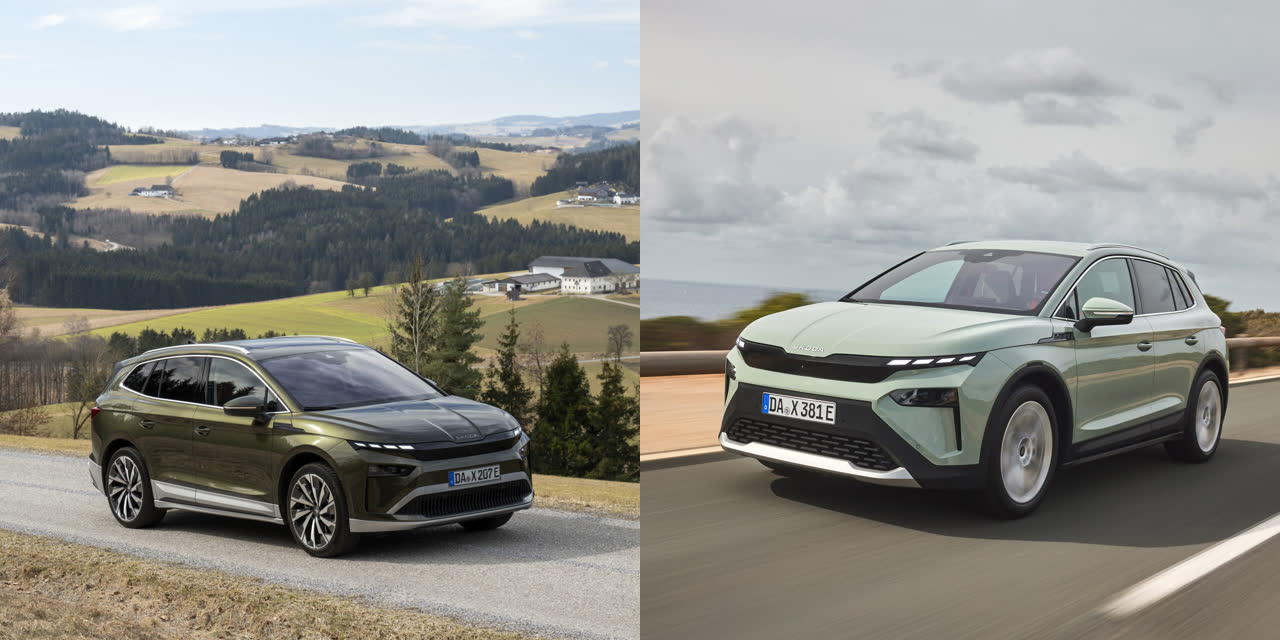 Skoda Enyaq (mørkegrøn, venstre) og Skoda Elroq (lysegrøn, højre), de to mest solgte biler i Danmark i april 2026
