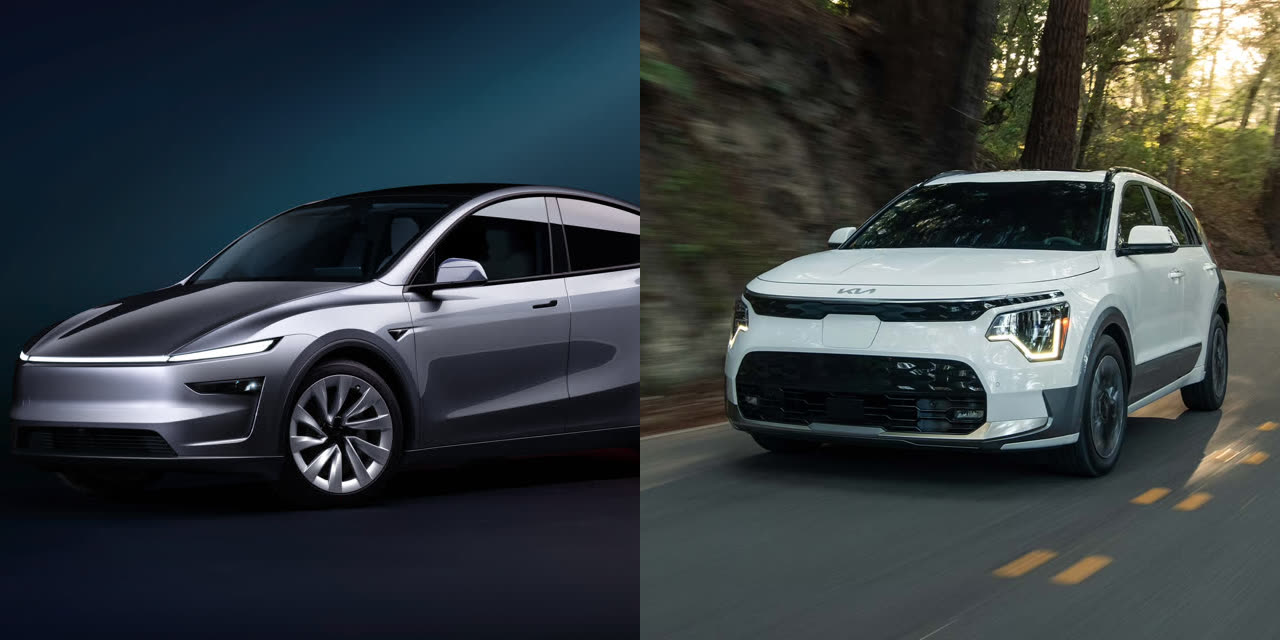 Tesla Model Y (sølv, venstre) og Kia Niro (hvid, højre), de to mest solgte biler i Danmark i juni 2026