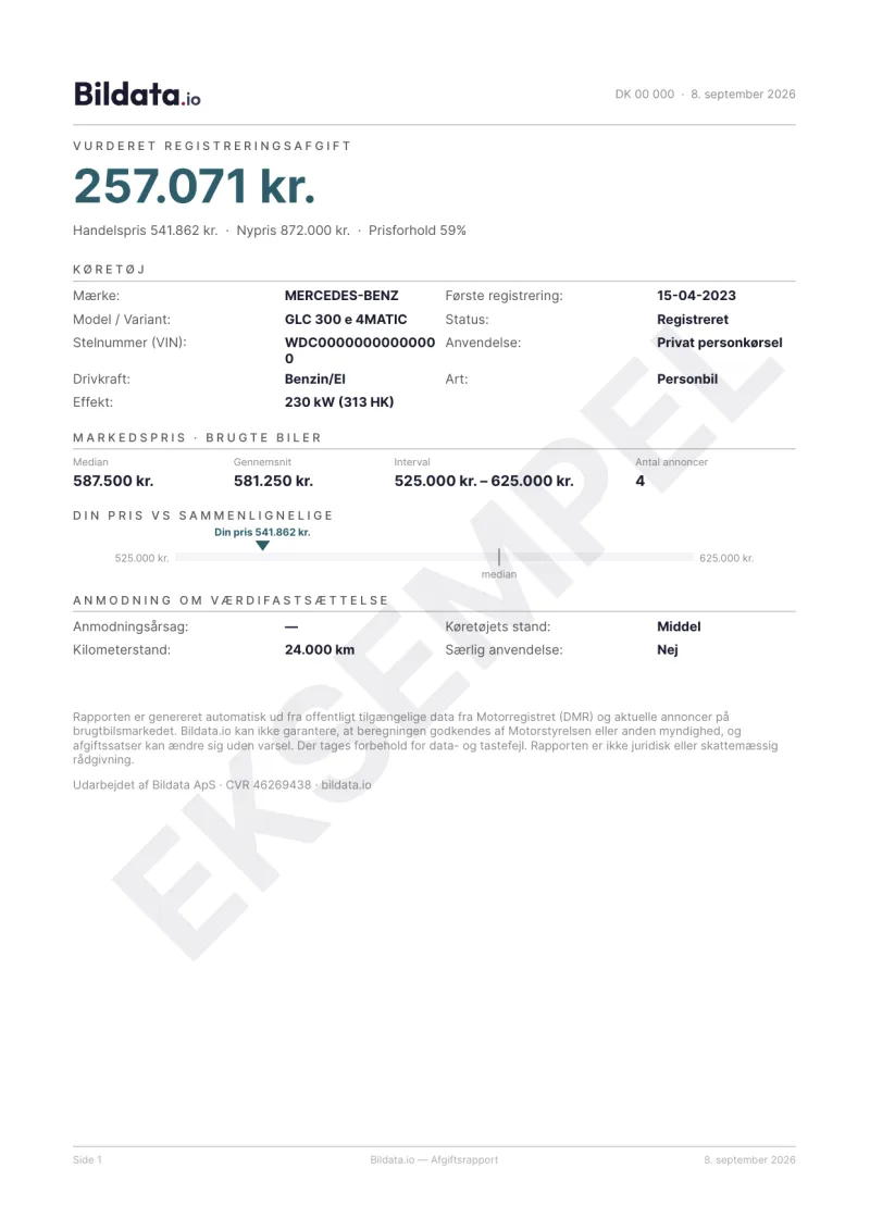 Eksempel på afgiftsrapport: forside med vurderet registreringsafgift