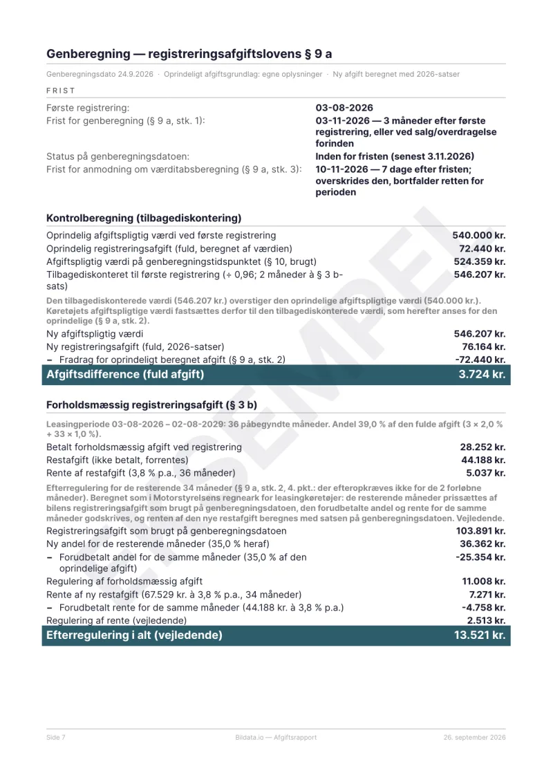 Eksempel på afgiftsrapport: siden med genberegning efter registreringsafgiftslovens § 9 a